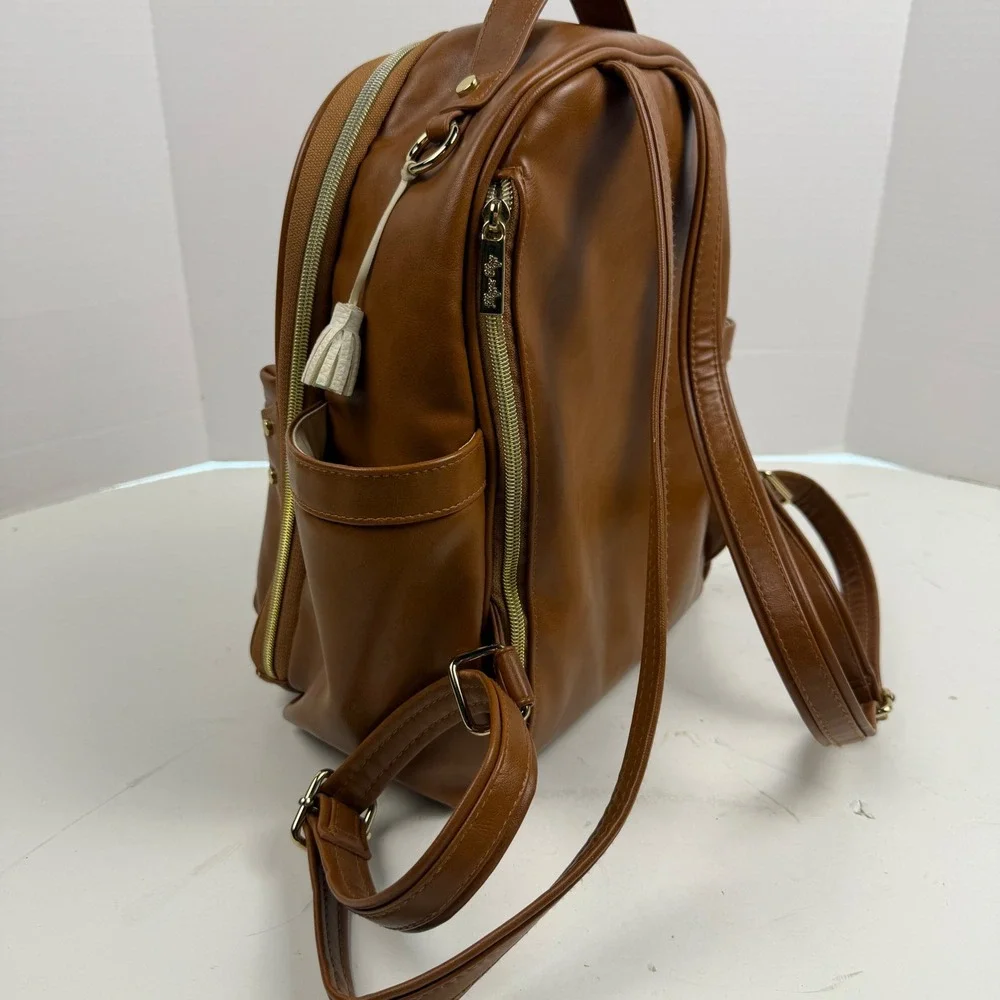 Itzy Ritzy Boss Backpack Diaper Bag Cognac Brown Vegan Leather Gold Hardware